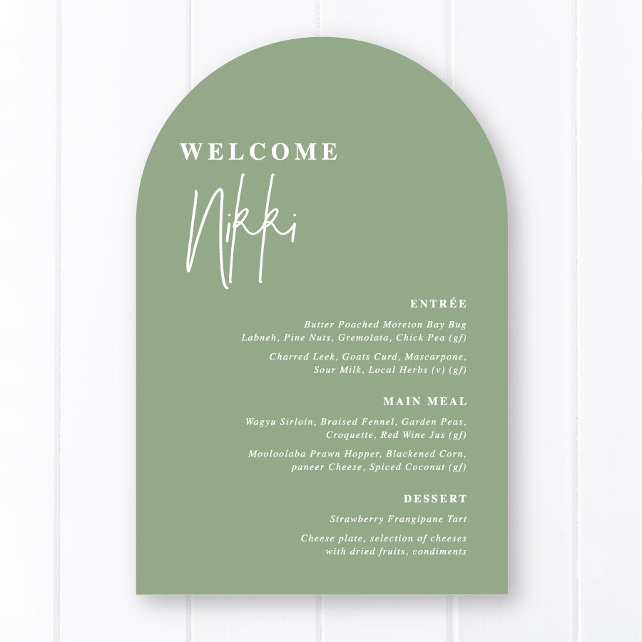 Arch wedding menu, modern font styles with guest name printing on dark green forest card. Printed in Australia by Peach Perfect Stationery.