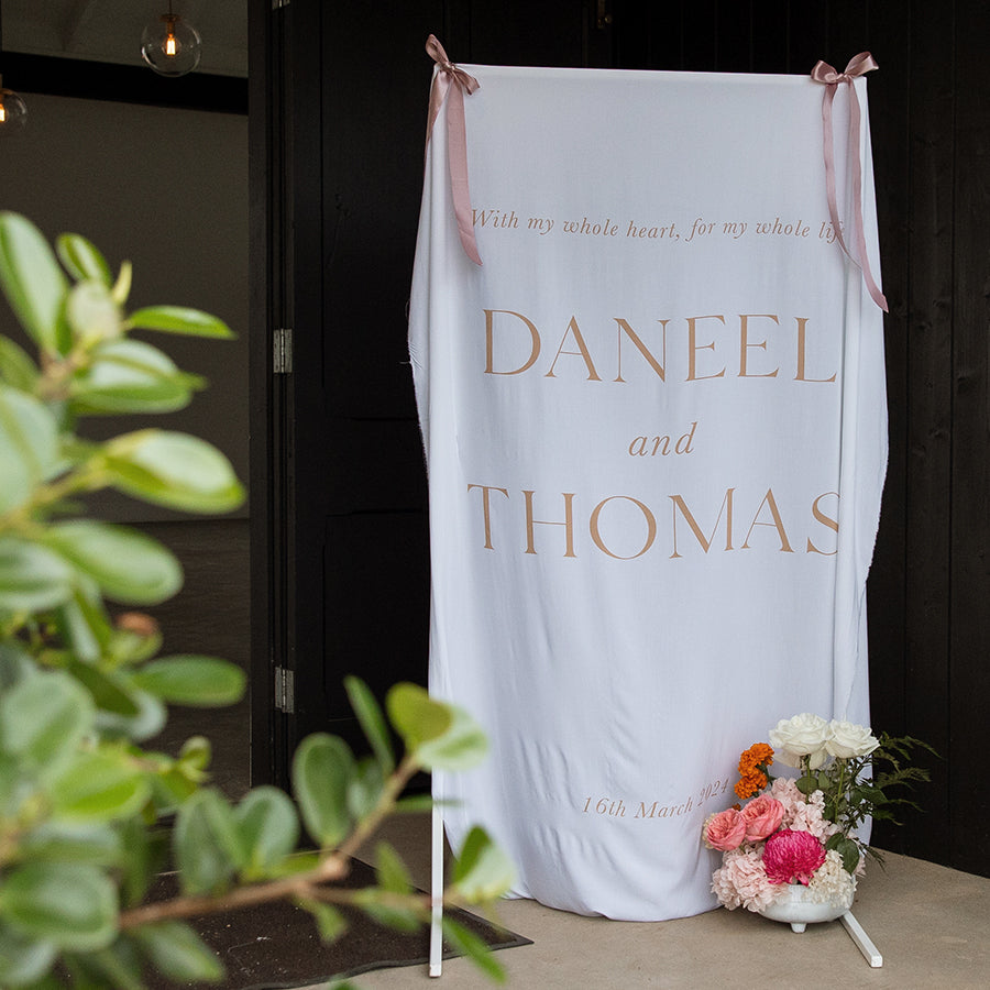 Wedding welcome sign printed on linen cloth fabric material. With my whole heart for my whole life quote. Peach Perfect Australia.