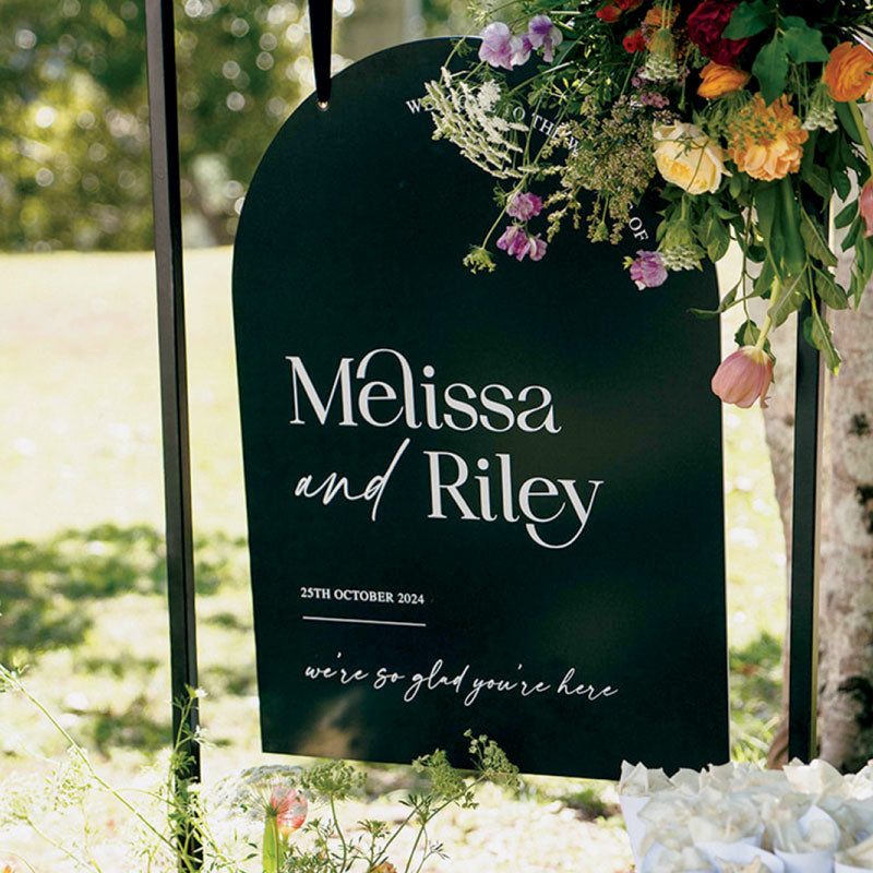 Black wedding foamboard sign in arch shape, designed and printed in Australia.