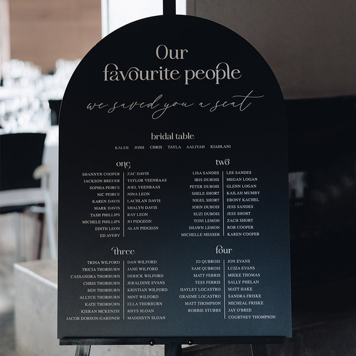 Modern black and white wedding arch seating chart in banquet layout, printed in Australia. Our favourite people. 