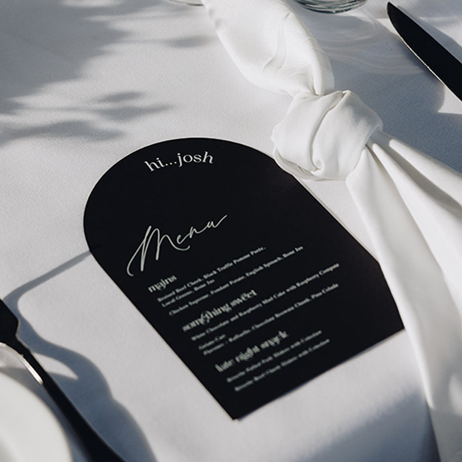 Professionally designed and printed wedding menu in arch shape Australia. Black and white.