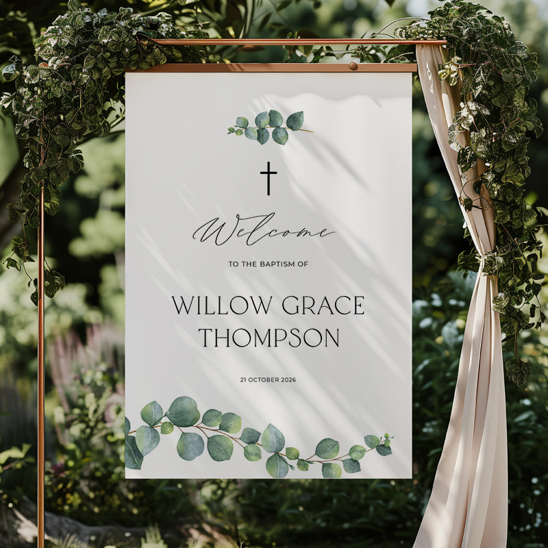 Minimal Baptism or Christening welcome sign with calligraphy and watercolour eucalyptus leaves, designed in Australia and printed onto foamboard or acrylic. 