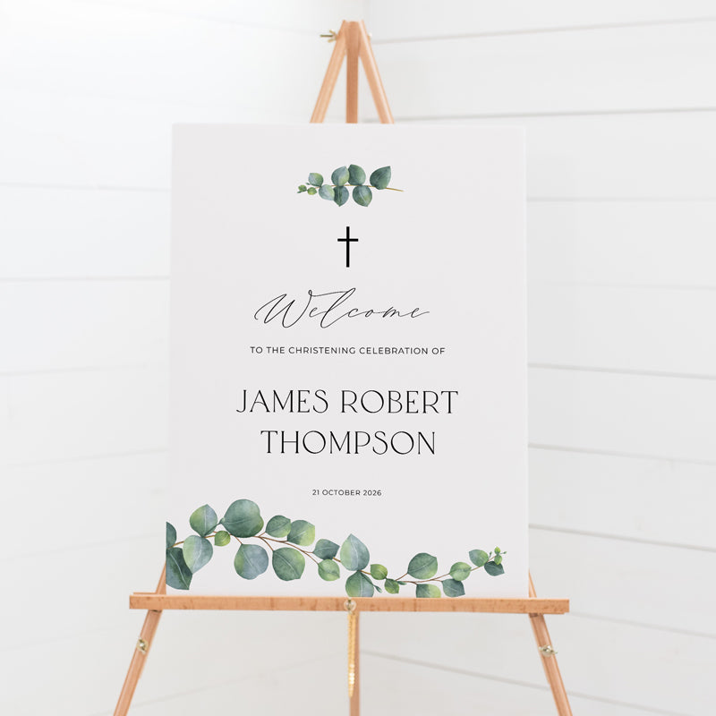 Minimal Baptism or Christening welcome sign with calligraphy and watercolour eucalyptus leaves, designed in Australia and printed onto foamboard or acrylic. 