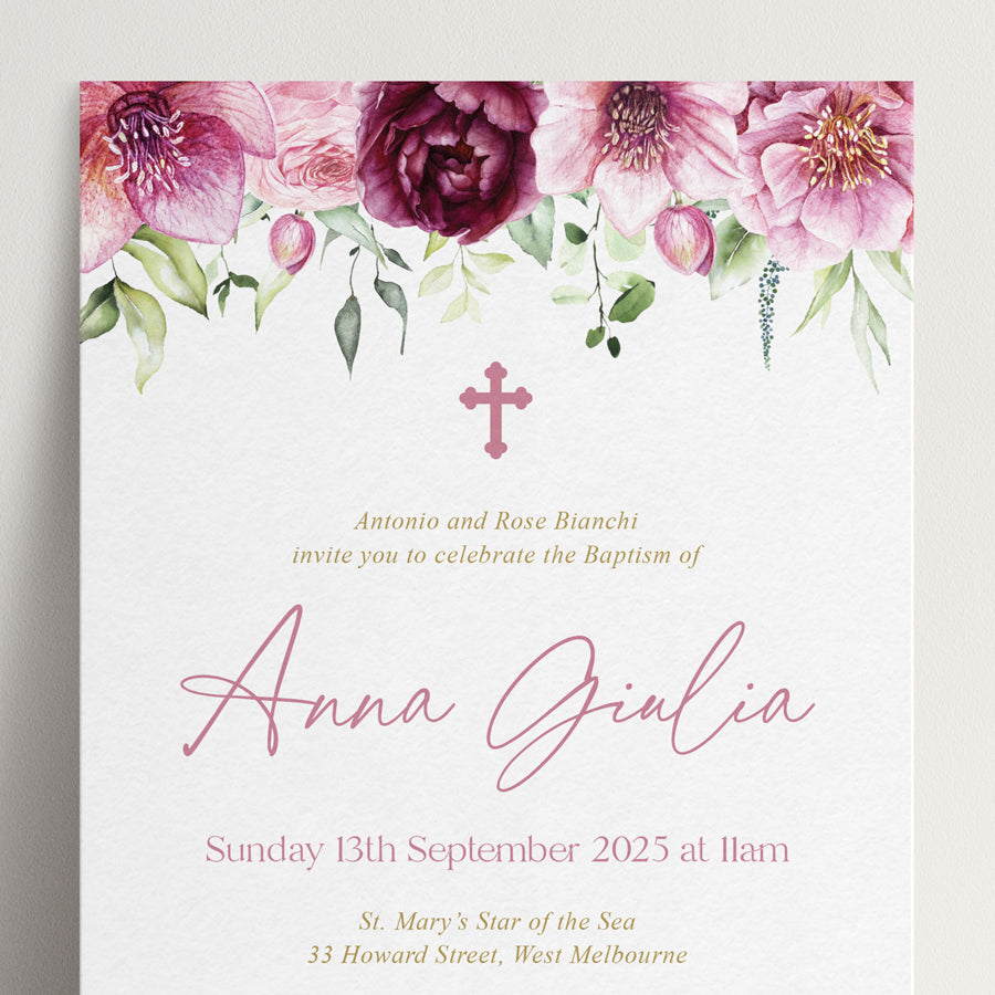 Beautiful pink Baptism or Christening invitation printed in Austrlia on premium card. Includes Envelopes. Peach Perfect stationery.