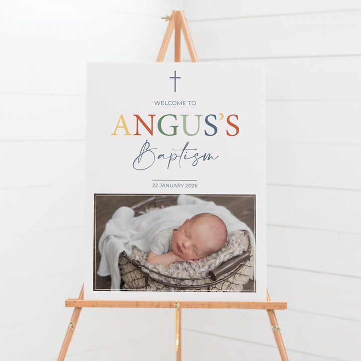 Colourful Baptism or Christening welcome sign with large photo of child. Designed and printed on foamboard or acrylic in Australia or print your own