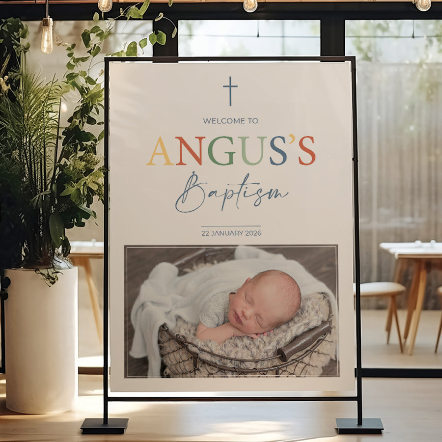 Colourful Baptism or Christening welcome sign with large photo of child. Designed and printed on foamboard or acrylic in Australia or print your own