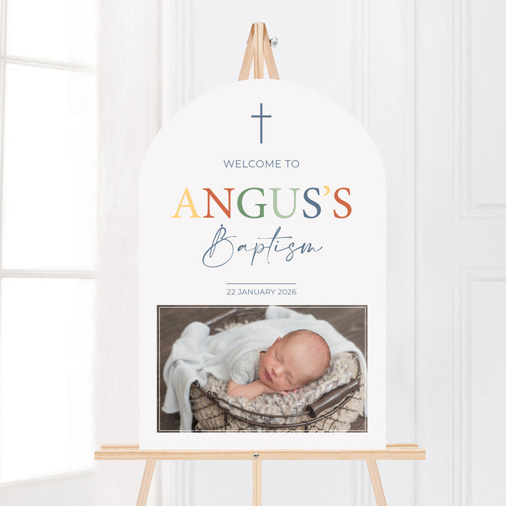 Colourful Baptism or Christening welcome sign with large photo of child. Designed and printed on foamboard or acrylic in Australia. Arch welcome sign.
