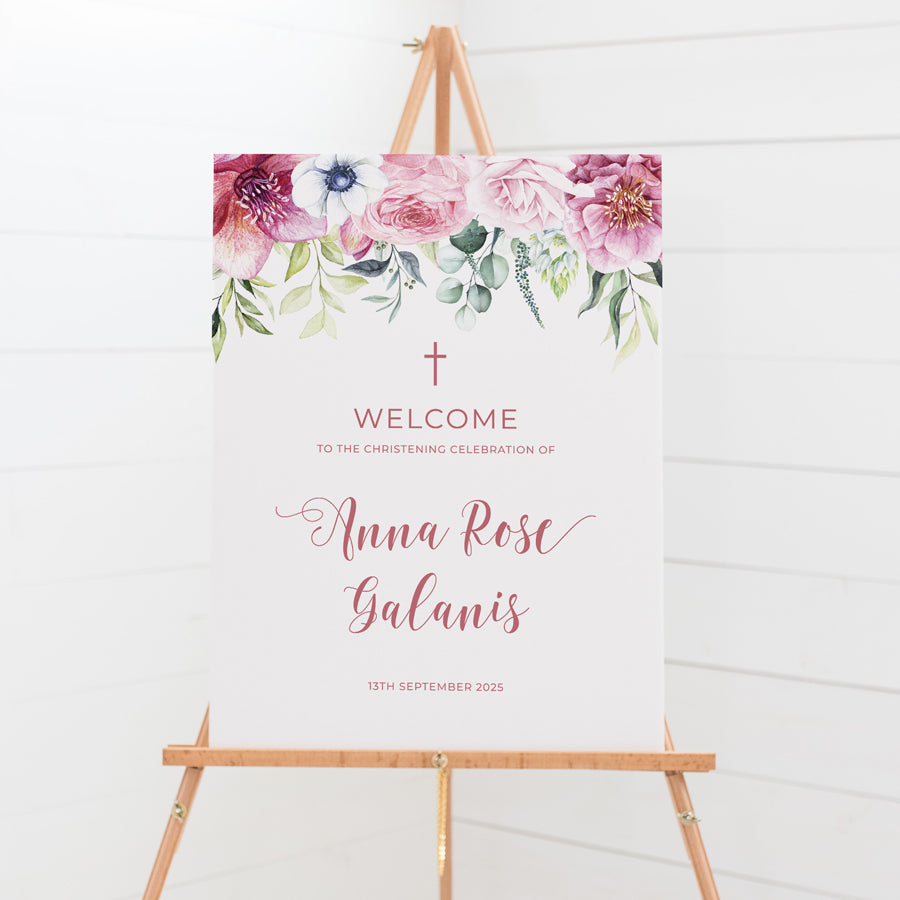 Girl Baptism or Christening welcome sign pink flowers and greenery. Design and print Australia on foamboard or acrylic.