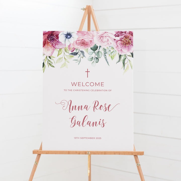 Girl Baptism or Christening welcome sign pink flowers and greenery. Design and print Australia on foamboard or acrylic.