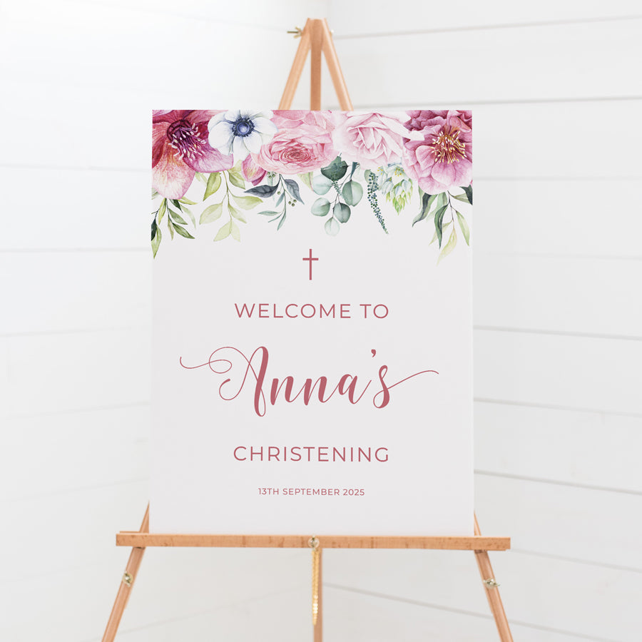 Girl Baptism or Christening welcome sign pink flowers and greenery. Design and print Australia on foamboard or acrylic.