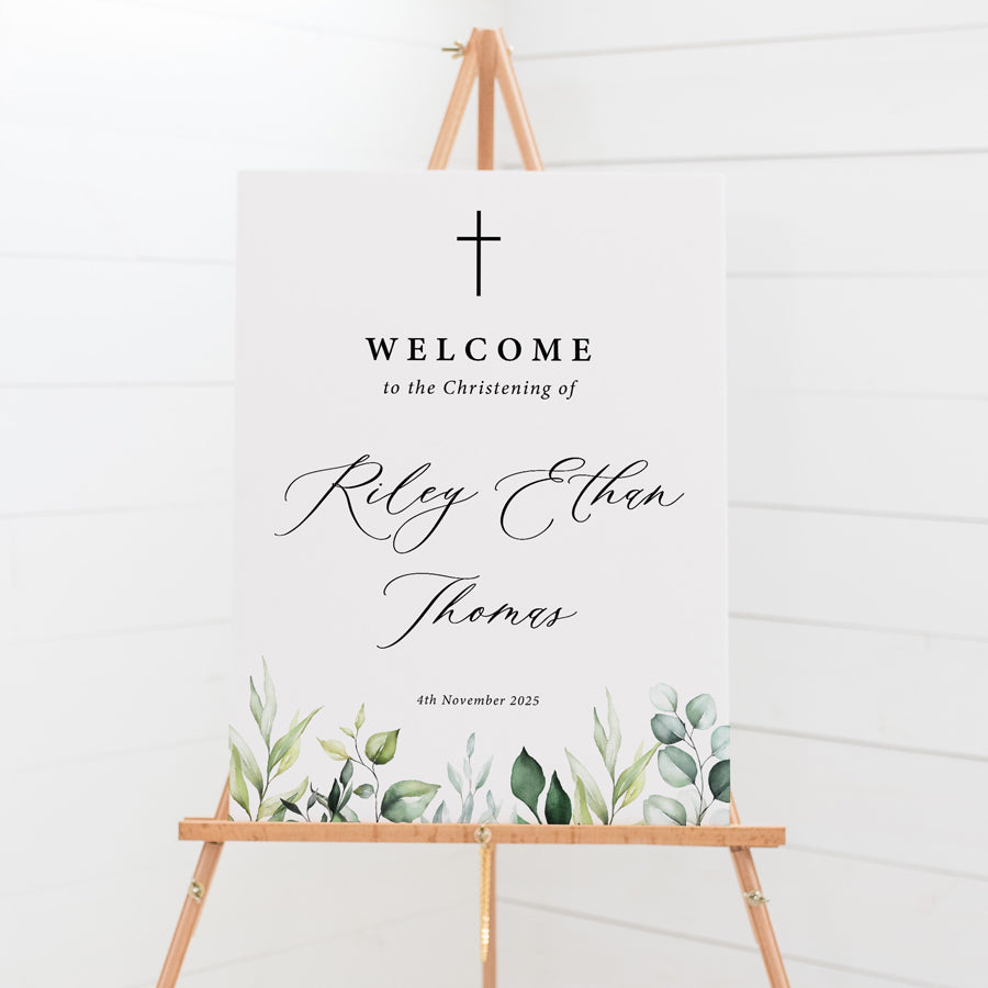 Boy or Girl religious Baptism Welcome sign board with watercolour green leaves and beautiful cross design. Printed in Australia.
