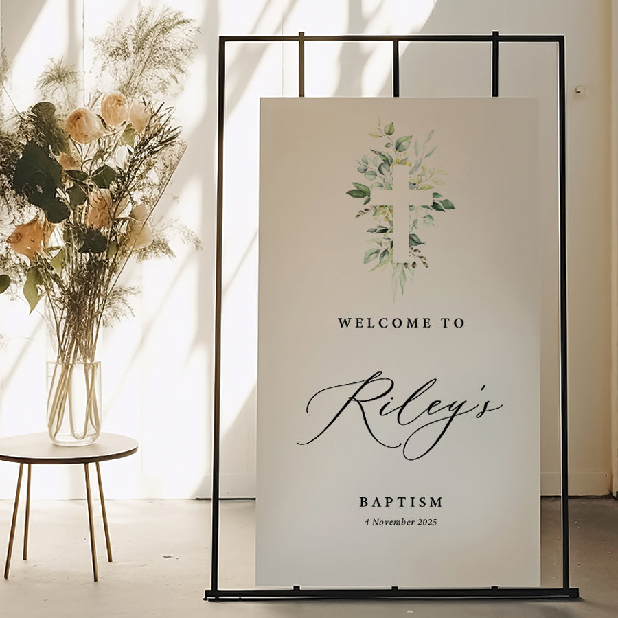 Boy or Girl religious Baptism Welcome sign board with watercolour green leaves and beautiful cross design. Printed in Australia.