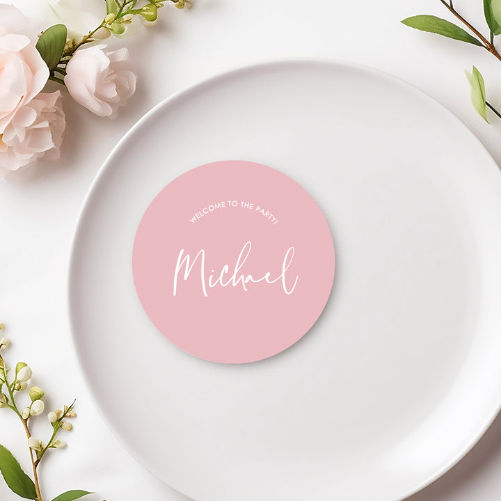 Welcome to the party circular or round wedding place cards or name cards. soft pink and white, printed in Australia.