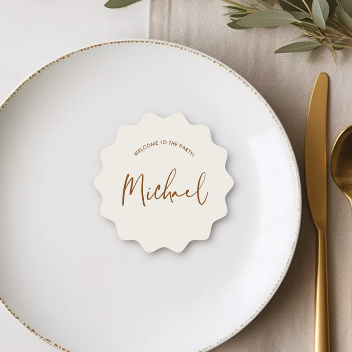 Wiggle or wavy shape rounded wedding place cards or name cards. Harvest and white, printed in Australia.