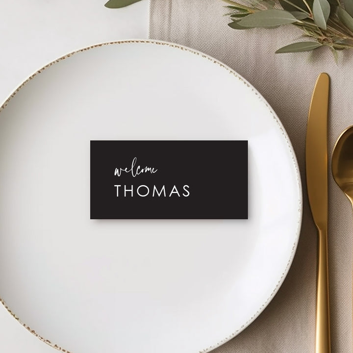 Black and white modern flat wedding place cards or name cards. Printed in Australia.