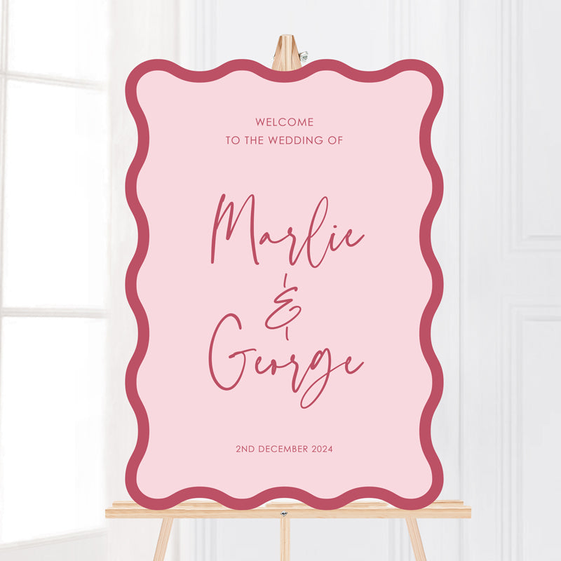 Wave shape wedding welcome sign with modern font in bright pink and pale pink, printed on foamboard or acrylic. Peach Perfect Australia. 