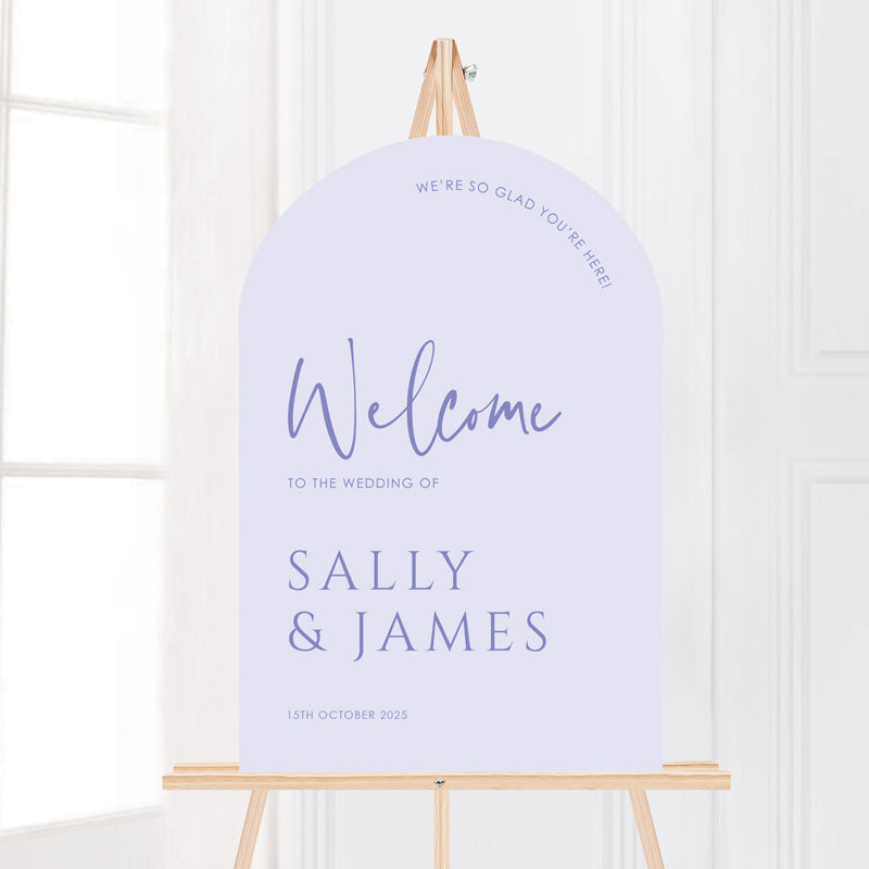 Modern arch shape wedding welcome sign in lilac lavender colours, printed on foamboard or acrylic. Peach Perfect Australia. 