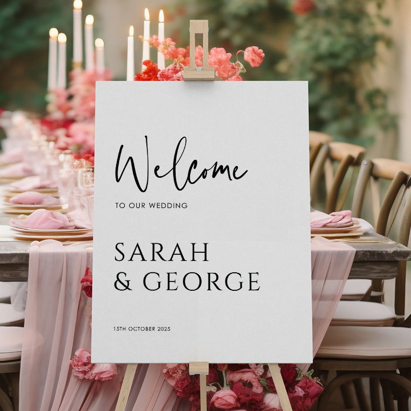 Modern wedding welcome sign in black and white, printed on foamboard or acrylic. Peach Perfect Australia. 