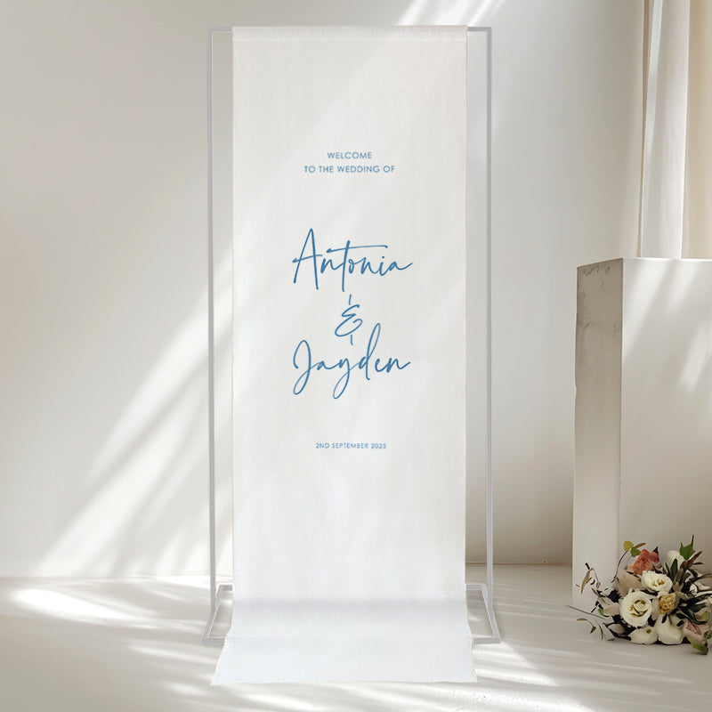 Welcome to our love story modern wedding welcome sign printed on 100% linen in Australia. 