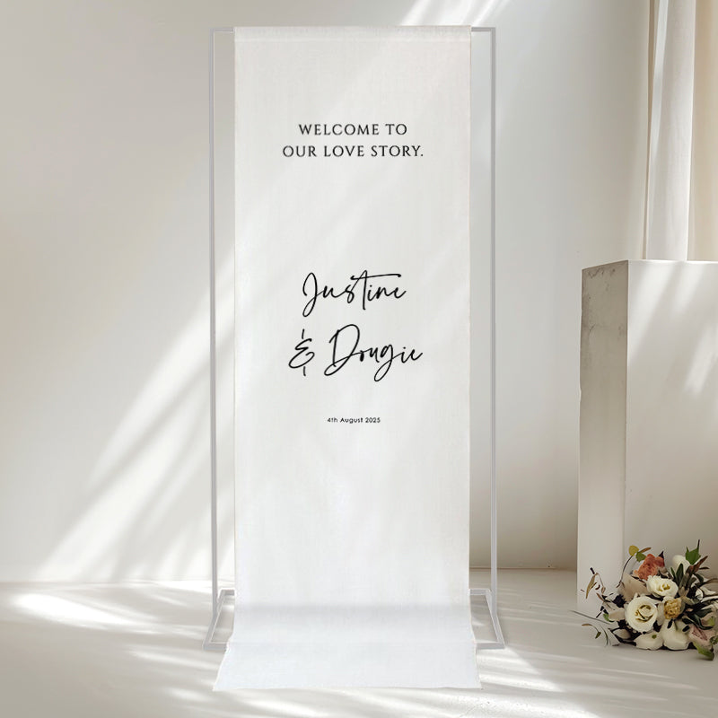 Welcome to our love story modern wedding welcome sign printed on 100% linen in Australia. 