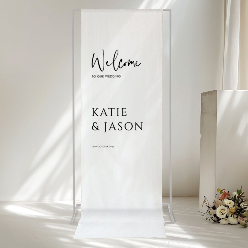 Welcome to our love story modern wedding welcome sign printed on 100% linen fabric in Australia. 