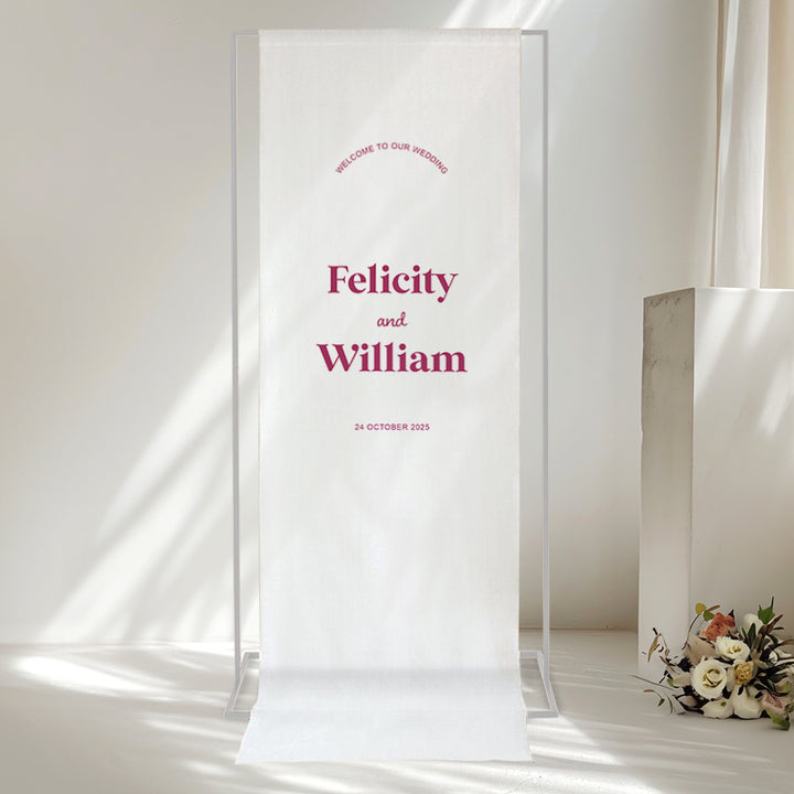 modern retro wedding welcome sign printed on linen fabric. Peach Perfect Australia. Welcome to our love story.