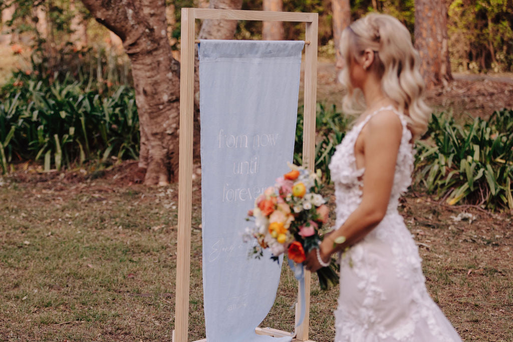 Wedding Linen Fabric Sign in pale blue and summer colour palette