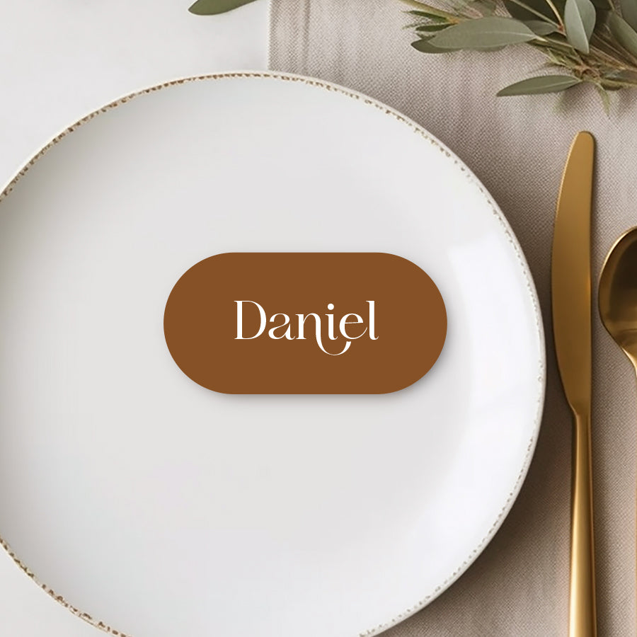 Double arch shape small wedding place cards with modern font style in harvest brown and white. Peach Perfect Australia.
