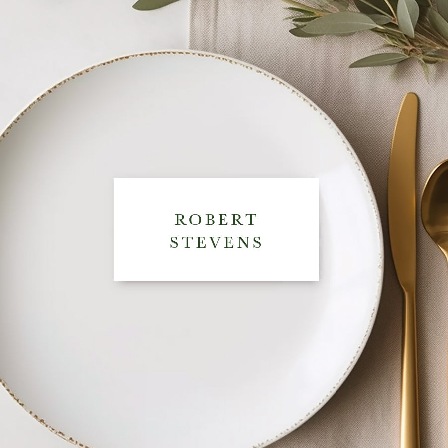 Small flat wedding place cards or name cards in green and white to suit rustic or garden wedding. Printed in Australia.