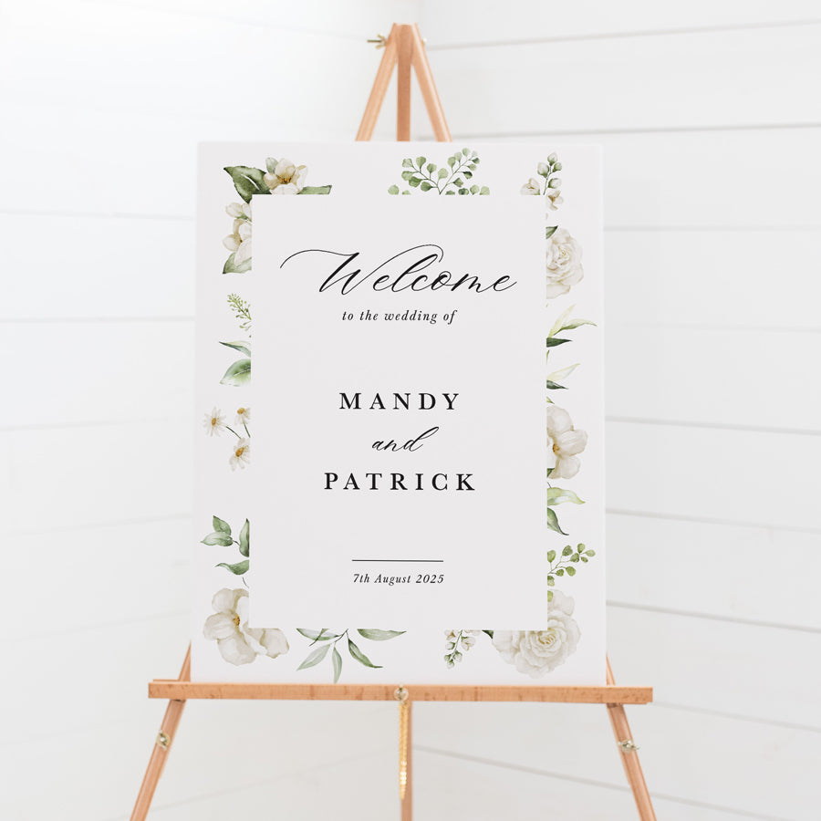 Wedding welcome sign printed in Australia on PVC board or acrylic with white flowers, leafy border and calligraphy. Peach Perfect.