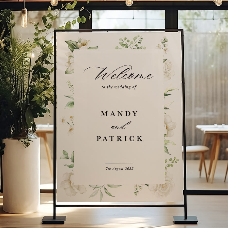 Wedding welcome sign printed in Australia on PVC board or acrylic with white flowers, leafy border and calligraphy. Peach Perfect.