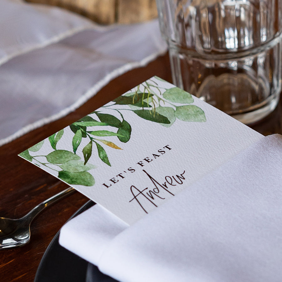 Green leafy wedding menu designed and printed in Australia.