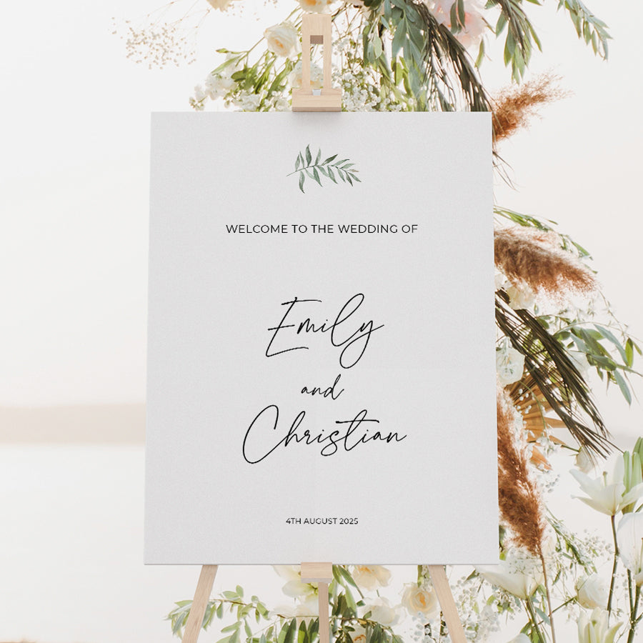 Modern wedding or event welcome sign with watercolour green leaf and calligraphy font. Designed and printed in Australia.
