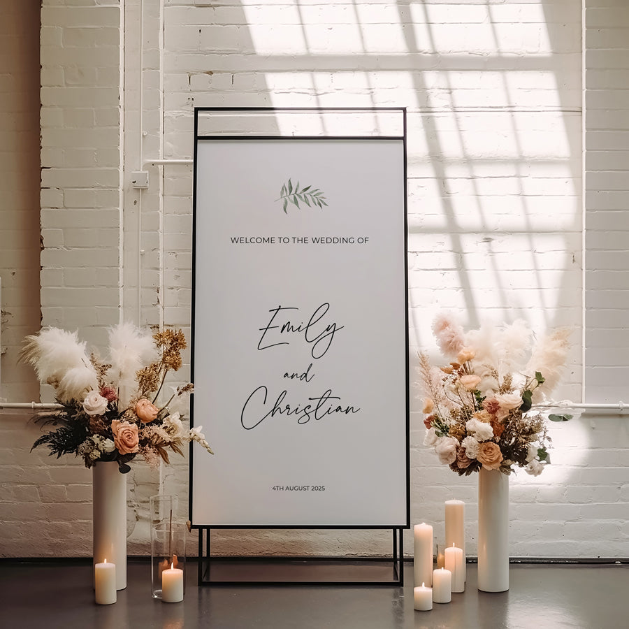 Modern wedding or event welcome sign with watercolour green leaf and calligraphy font. Designed and printed in Australia.
