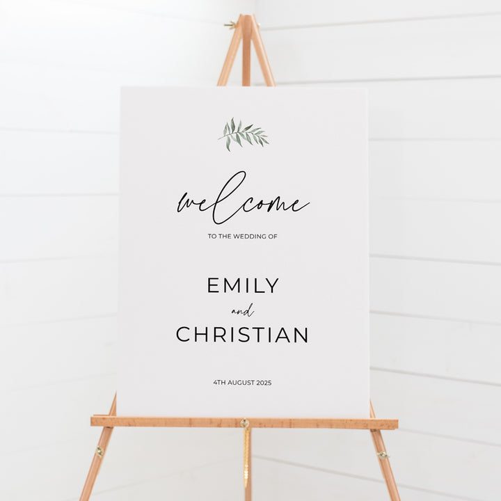 Modern wedding or event welcome sign with watercolour green leaf and calligraphy font. Designed and printed in Australia.
