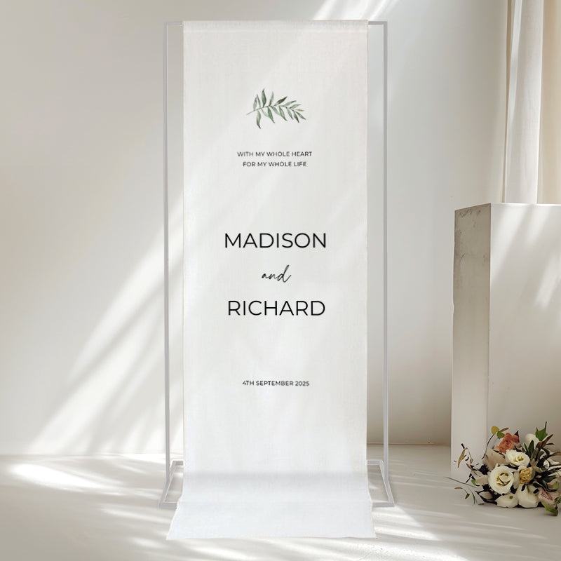 Wedding welcome sign printed on linen fabric in Australia. Cheap wedding linen signage.