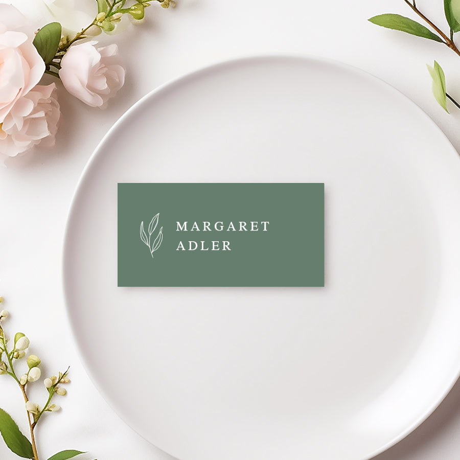 Minimal green and white wedding place cards. Small rectangle name tags. Printed in Australia.