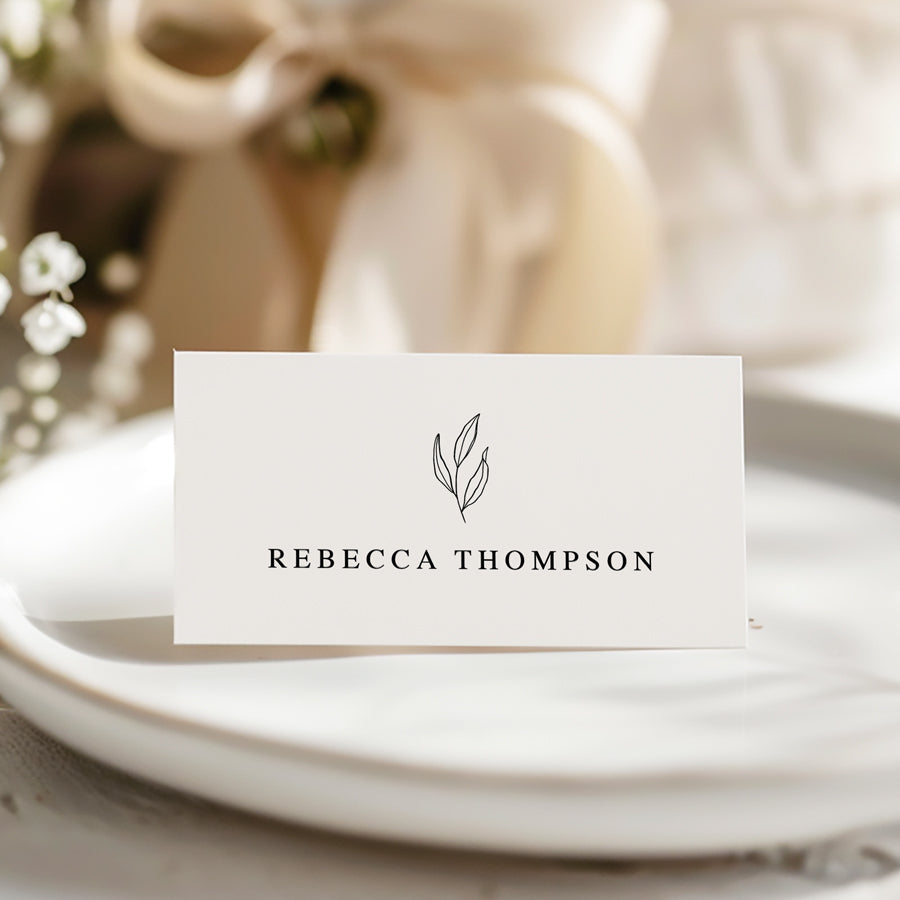 Folded wedding or Baptism place card with hand drawn leaf in black and white. Printed in Australia.