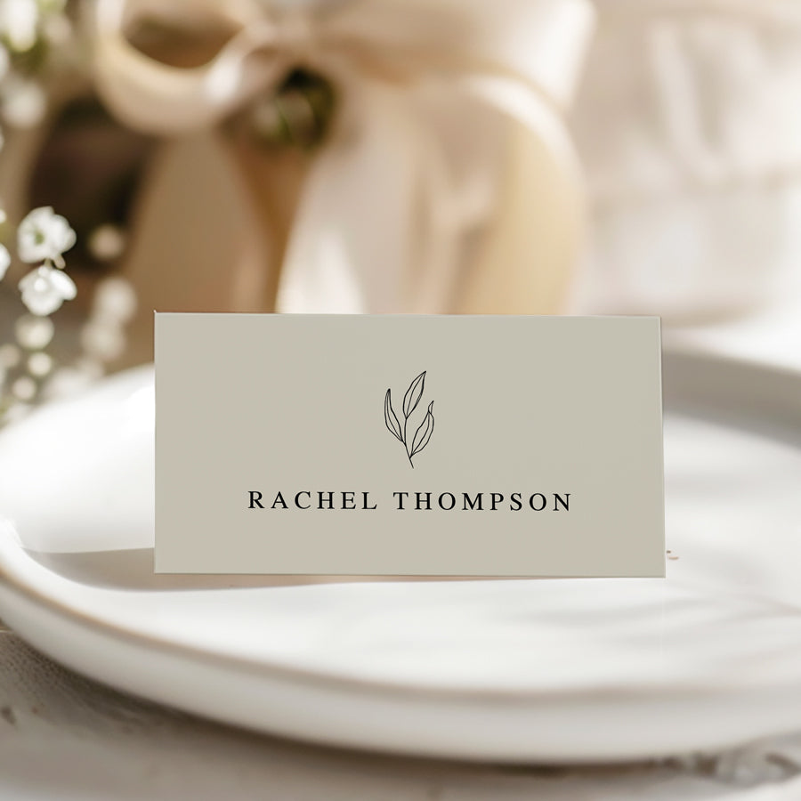 Folded wedding or Baptism place card with hand drawn leaf in pale green. Printed in Australia.