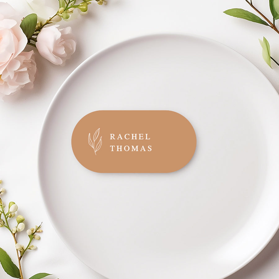 Arch wedding or Baptism place card with hand drawn leaf in cinnamon colour. Printed in Australia.