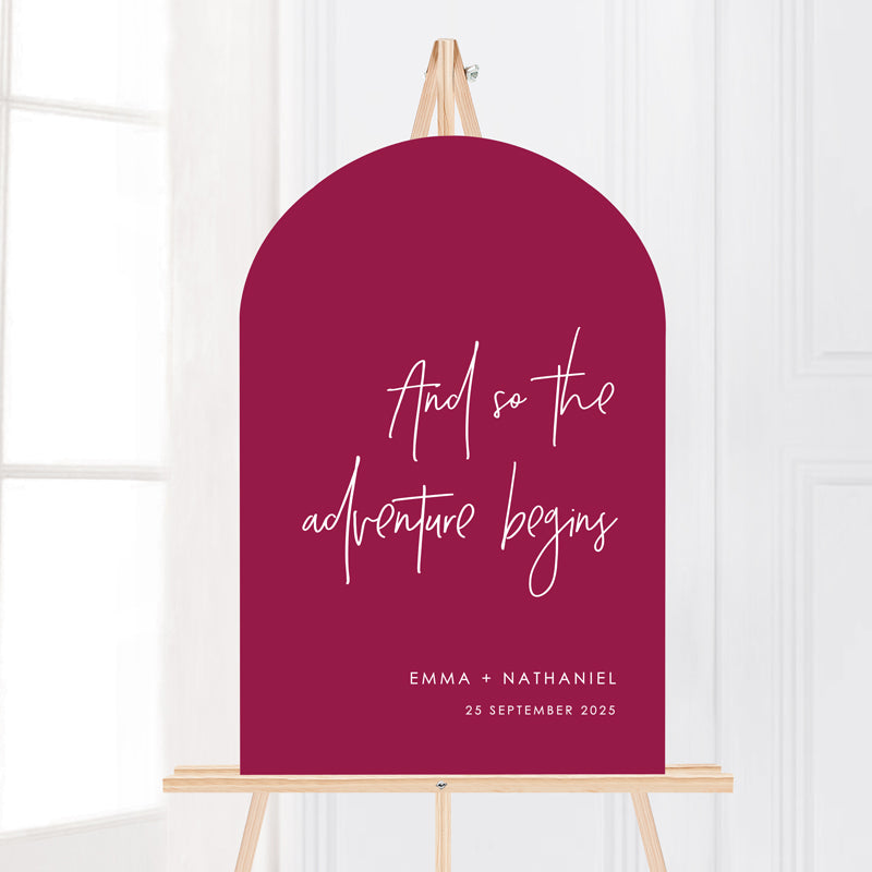 And so the adventure begins wedding welcome sign in hot pink and white. Foamboard or Acrylic arch shape. Australia.