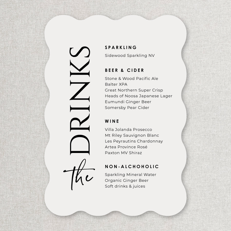 Wedding bar or drinks sign in modern fonts designed and printed in Australia. Black and White Acrylic.