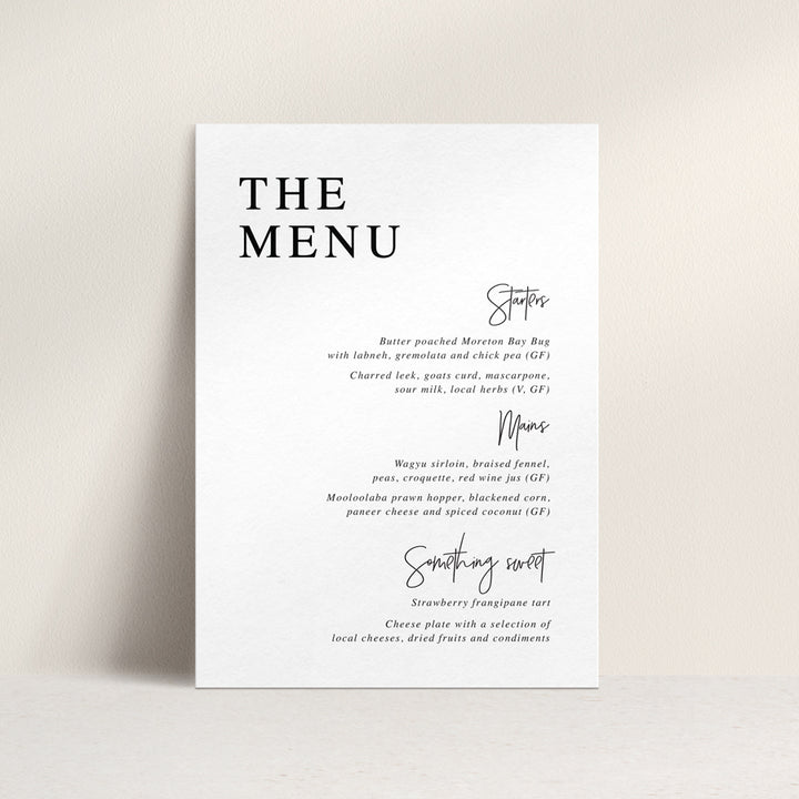 Modern wedding menu with script headings designed and printed in Australia. 