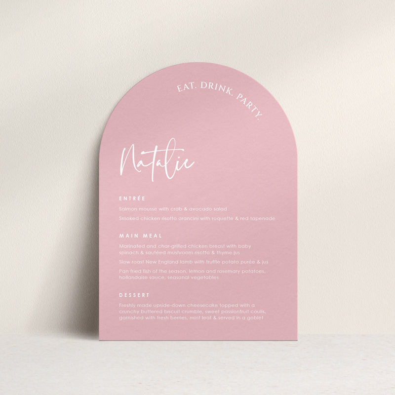 Arch shape wedding menu is soft pink and white with guest names printed and Eat Drink Party heading. Printed in Australia.