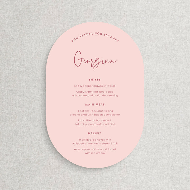 Double arch rounded shape wedding menu is soft pink colours with guest names. Designed and Printed in Australia.