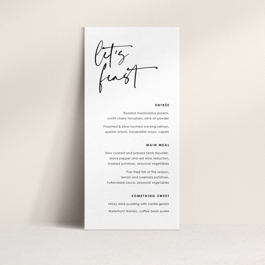 Black and white modern wedding menu available in different shapes and colours. Australia. 