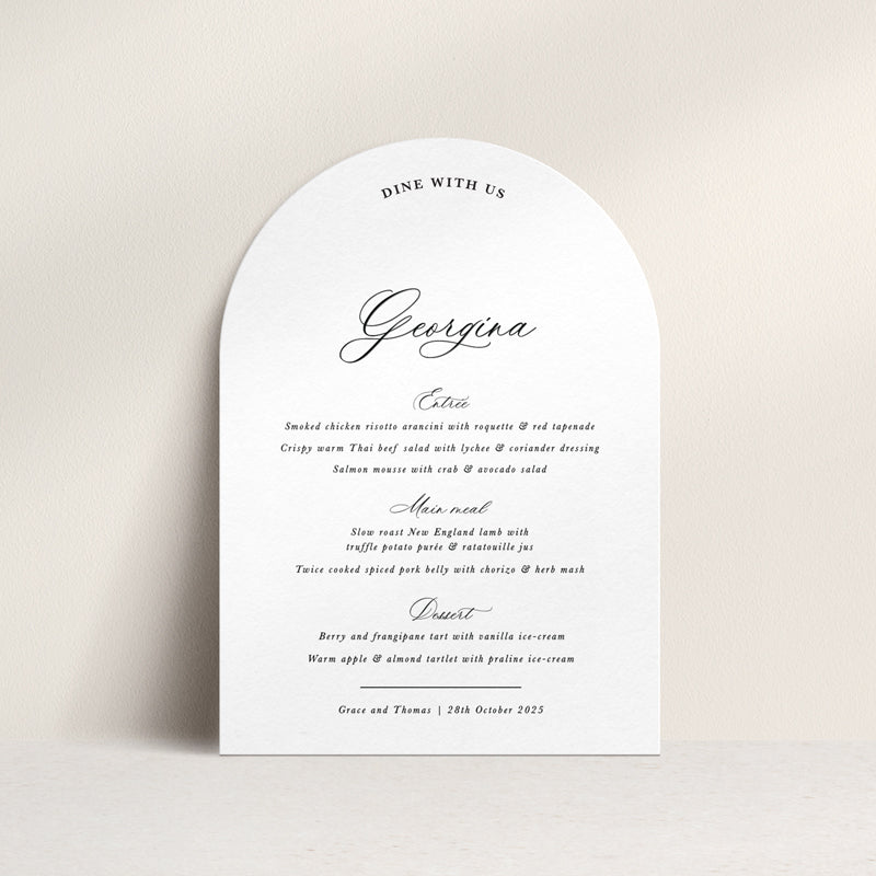 Elegant formal wedding menu in arch shape with guest names printed on each in calligraphy. Designed in Australia.