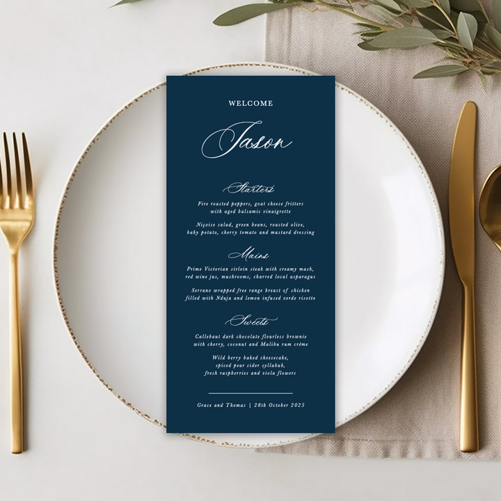 Elegant formal wedding menu on dinner plate with guest names printed on each in calligraphy. Navy blue and white. Designed in Australia.