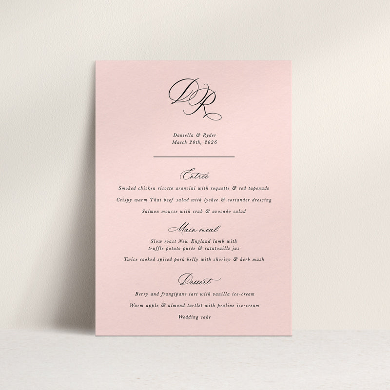 Elegant formal wedding menu on dinner plate with monogram in calligraphy. Soft pink cardstock. Designed in Australia.