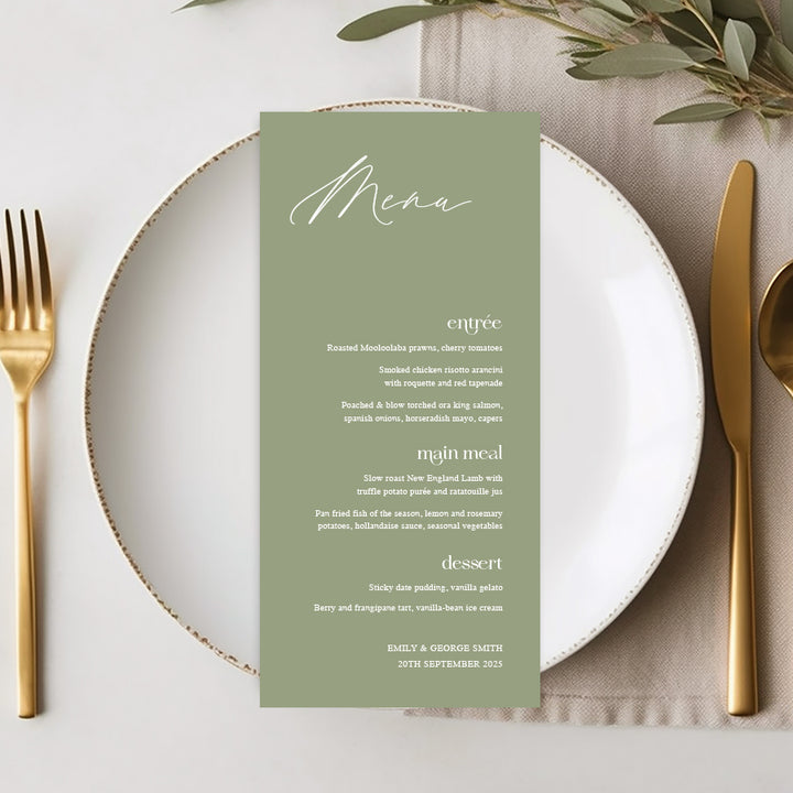 Professionally designed wedding menu in green and white colours on premium cardstock. Printed in Australia.